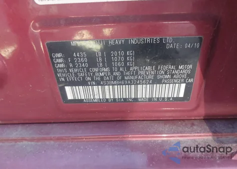 2010 Subaru Legacy 2.5I Premium z USA, uszkodzony, nr VIN 4S3BMBH69A3245624